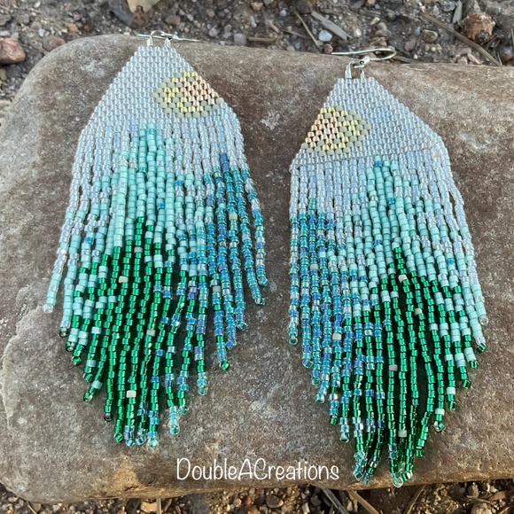 Pine Tree Beaded Earrings with Fringe, New, Handmade by Me - Picture 6 of 7